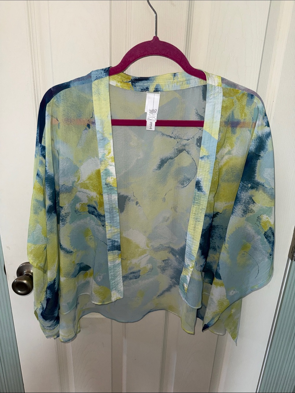 Wynne Layers Sheer Blue & Lime Abstract Watercolor Kimono
